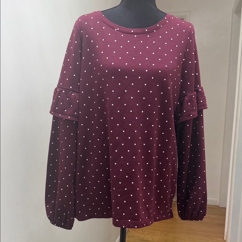 Old Navy Burgundy Polka Dot Ruffle-Sleeve Sweatshirt Top